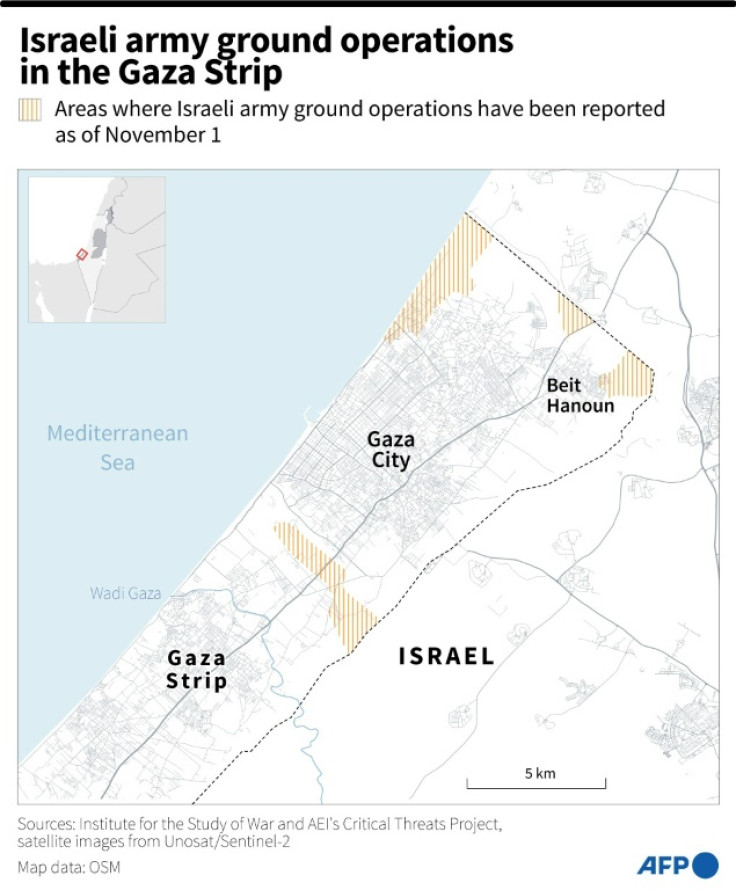 Peta Jalur Gaza bagian utara, menunjukkan wilayah di mana operasi darat tentara Israel dilaporkan.